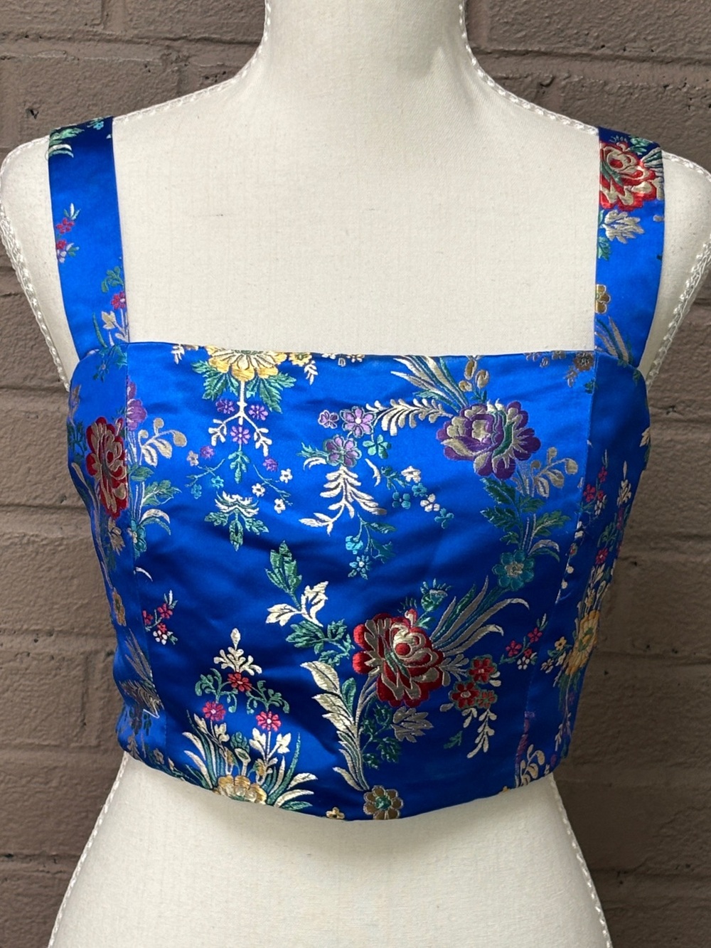 Forever 21 Royal Blue Satin Floral Brocade Square-Neck Crop Top L